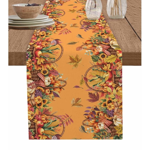 Yellow Pumpkins Fall Table Runner 48 Inches, Harvest Thanksgiving Botanical Leaves Bed Runner Dresser Scarves Tabletop for Indoor Outdoor Parties/Ceremony/Banquet, 13" x 48"
