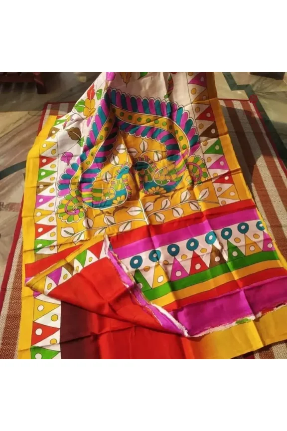 Yellow Pure Silk Hand Painted Kalamkari Pure Saree