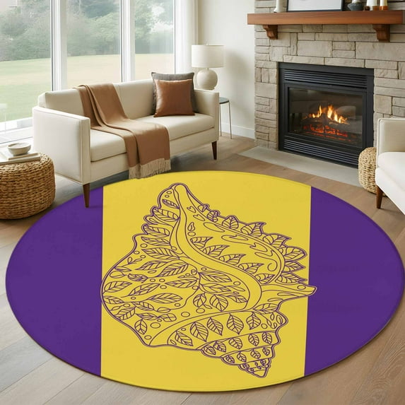 Yellow Purple Conch Round Rugs 8ft, Summer Beach Coastal Modern Art Non Slip Washable Rug Runner, Low Pile Indoor Floor Carpet Mat Bathroom Rugs for Living Room, Bedroom, Kids Room