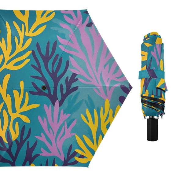 Yellow Purple Corals Tropical All Weather Umbrella Triple Folding Parasol 6 Ribs UV Protection Portable