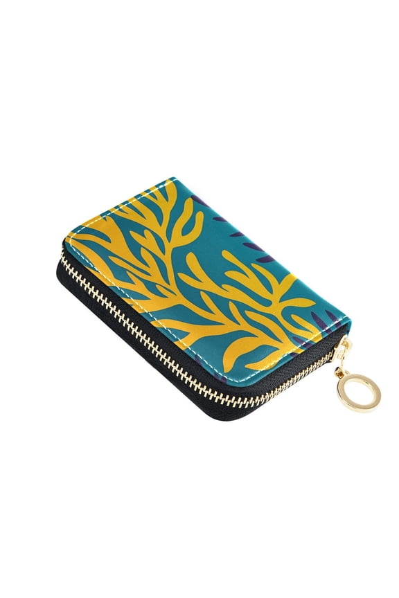 Yellow Purple Corals Tropical Women's Credit Card Holder PU Leather Zipper Wallet RFID Blocking