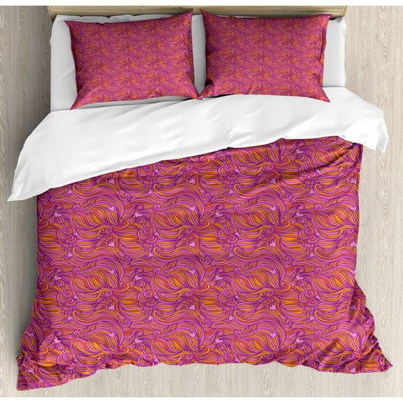 Yellow and Purple Duvet Cover Set, Funky Hand Drawn Swirls and Hearts Pattern, Decorative 3 Piece Bedding Set with 2 Pillow Shams, Queen Size, Burnt Sienna Purple, by Ambesonne