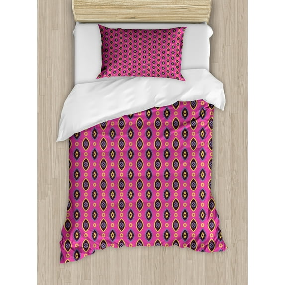 Yellow and Purple Duvet Cover Set, Vertical Stripes on Geometric, Decorative 2 Piece Bedding Set with 1 Pillow Shams, Twin Size, Hot Pink Dark Taupe, by Ambesonne