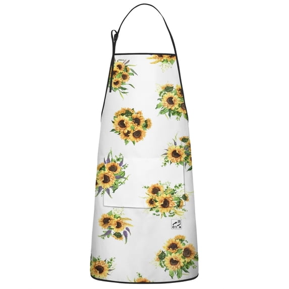 Yellow Purple Flower Bouquet Sunflower Apron-Garden Aprons for Women with Pockets-Cotton Linen Waterproof Kitchen Cooking Gardening Aprons Adjustable for Kitchen,Cooking,BBQ and Salon 33x27 Inch