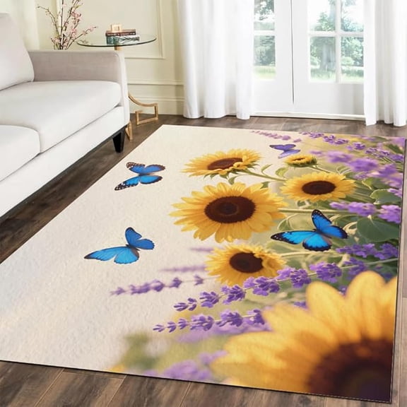 Yellow Purple Flowers Area Rugs, Blue Flying Butterfly 3D Print Carpet, Washable Rugs Mat, Non-Slip Home Decor Thermal Carpet for Kids Room Office Activity Room Hallway Entryway 5 x 8ft