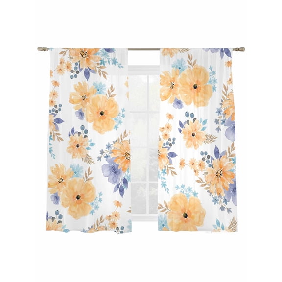 Yellow Purple Flowers Sheer Curtains 2 Panels Set Watercolors Spring Floral Abstract Sheer Window Curtains Light Filtering Rod Pocket Voile Drapes for Bedroom Living Room 52"x63"