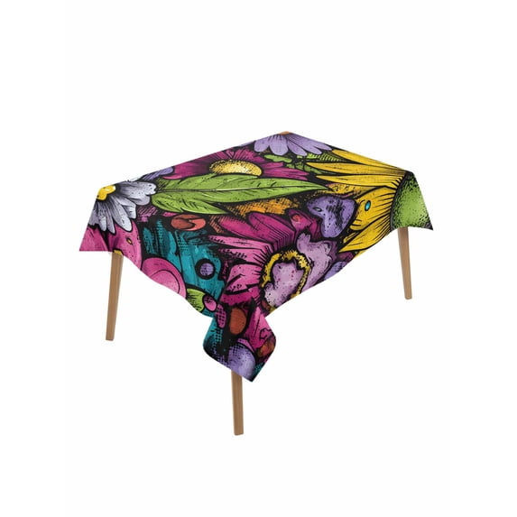 Yellow Purple Flowers Table Cloth, Waterproof Tablecloth for Rectangle Tables, Watercolor Blooming Floral Leaves Retro Reusable Washable Fabric Table Cover for Restaurant Kitchen Dining 60"x84"