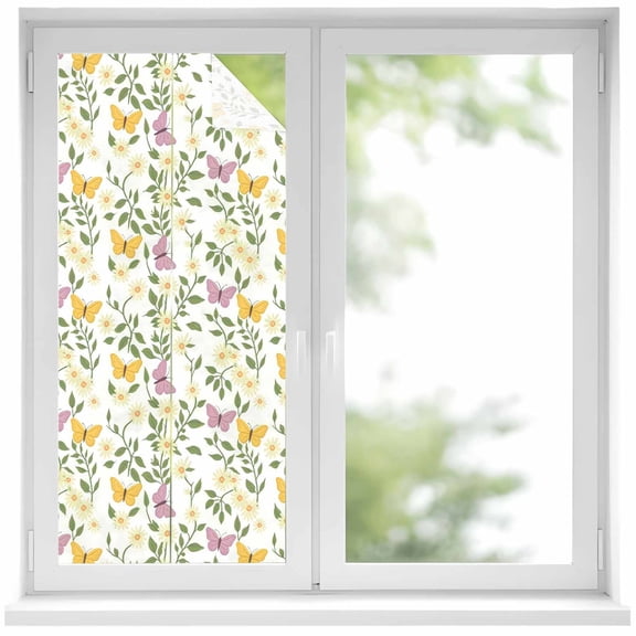 Yellow Purple Flowers Window Privacy Film, Green Leaf Daisy Grass Easter Floral Plant Frosted Glass Window Clings Static Cling UV Heat Blocking Reusable Door Sticker for Bathroom 19.6 x 39.3 Inch