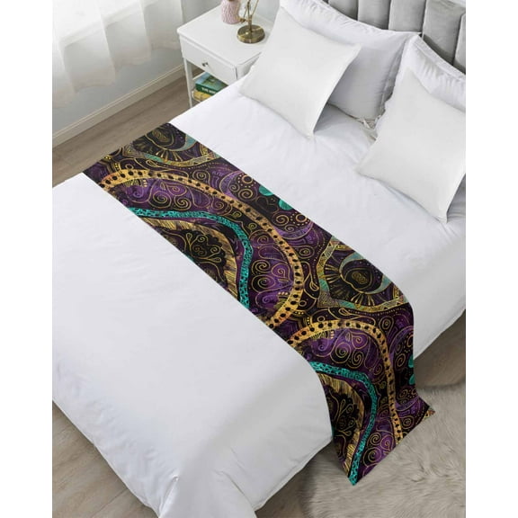 Yellow Purple Green Bed Runner for Twin Size Bed, Geometric Modern Abstract Bedspread Protector Slipcover Bed Scarf for Foot Bed Runners & Scarves for Bedroom Hotel Wedding Room 71x20 Inches
