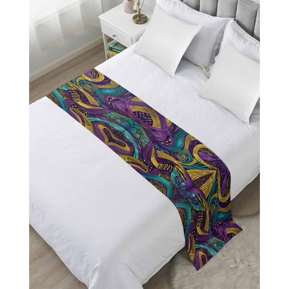 Yellow Purple Green Bed Runner for Twin Size Bed, Modern Abstract Art Geometric Bedspread Protector Slipcover Bed Scarf for Foot Bed Runners & Scarves for Bedroom Hotel Wedding Room 71x20 Inches