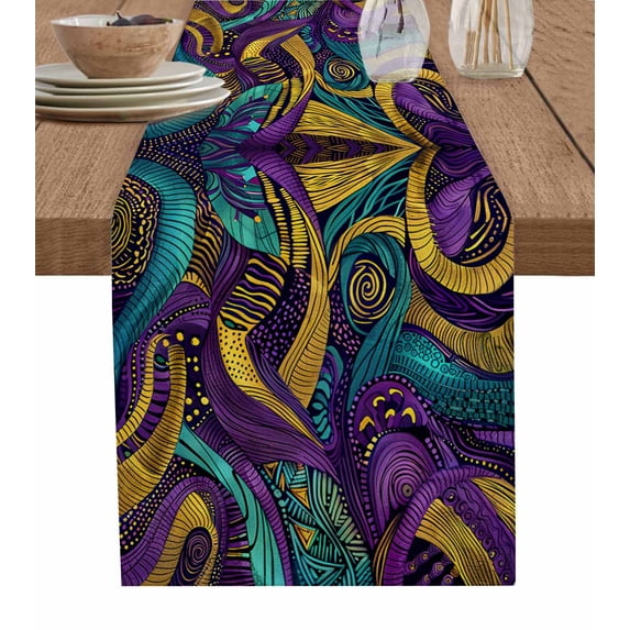 Yellow Purple Green Burlap-Cotton Table Runner 120 Inches Long,Modern Abstract Art Geometric Farmhouse Table Runners,Outdoor Dining Tablecloths Decor for Baby Shower Party Wedding 13x120