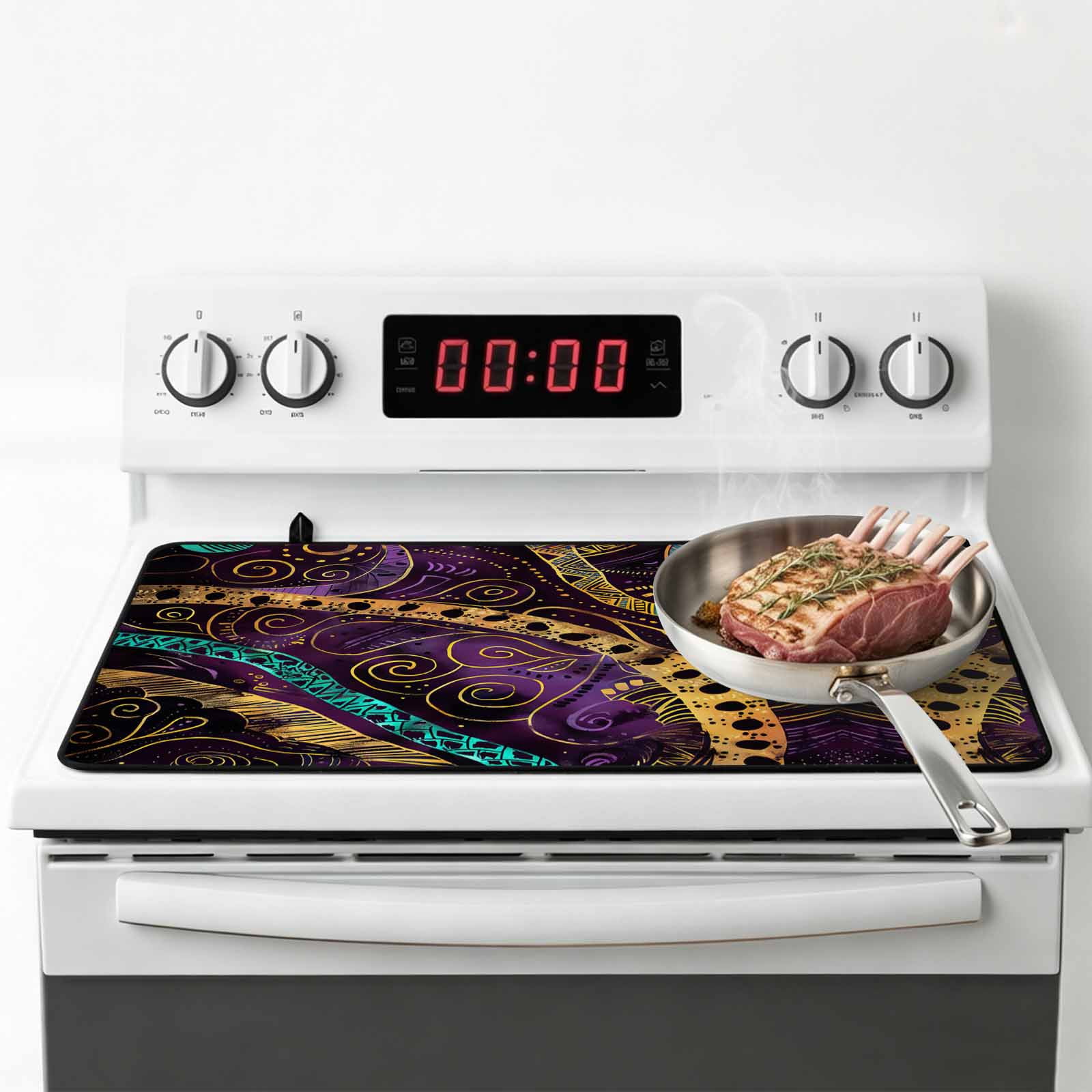Yellow Purple Green Stove Top Cover for Electric Stove, Heat-proof & Non Slip Glass Top Stove Cover Protector, Geometric Modern Abstract Kitchen Flat Cooktop Rubber Mat 24x21 Inches