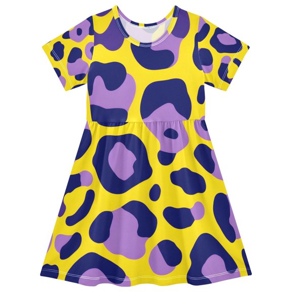 Yellow Purple Leopard Pattern Girls Short Sleeve Dress A Line Sun Protection Breathable Comfort Sundress 3T