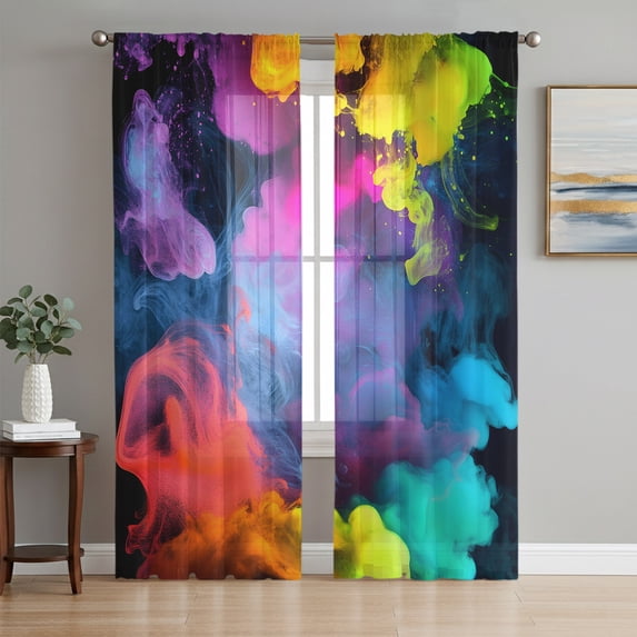 Yellow Purple Sheer Curtains 84 Inch Length 2 Panels Set, Aesthetics Contemporary Luxury Voile Window Treatment Rod Pocket Curtains Sheers Drapes for Bedroom/Living Room/Kitchen 52"x84"x2
