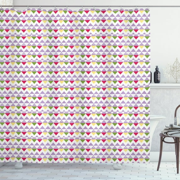 Yellow and Purple Shower Curtain, Triangular Shapes with Zigzags, Fabric Bathroom Set with Hooks, 69W X 84L Inches Extra Long, Multicolor, by Ambesonne