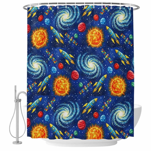 Yellow Purple Spaceship Shower Curtain Set - Small 36" x 72" Washable Bathtub Curtain with 12 Hooks, Modern Abstract Art Rocket Waterproof Fabric Stall Shower Curtains for Bathroom/Bathtub Décor