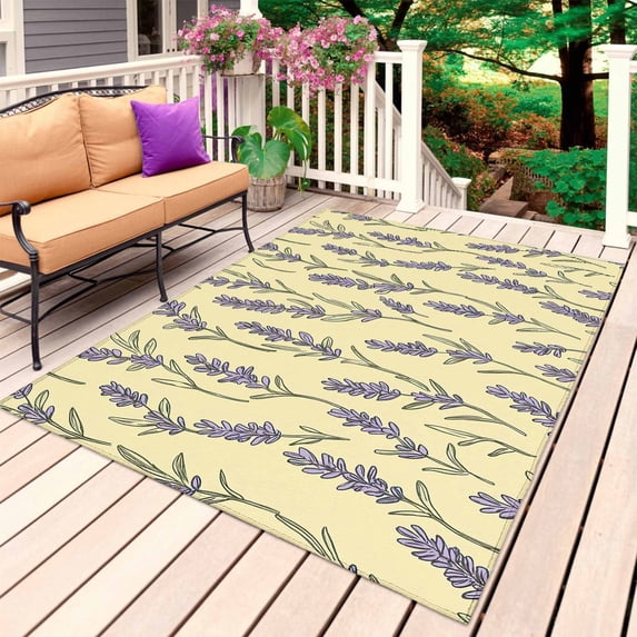 Yellow Purple Spring Floral Outdoor Rug for Patio/Deck/Porch, Non-Slip Large Area Rug 5 x 8 Ft, Watercolor Botanical Indoor Outdoor Rugs Washable Area Rugs, Reversible Camping Rug Carpet Runner