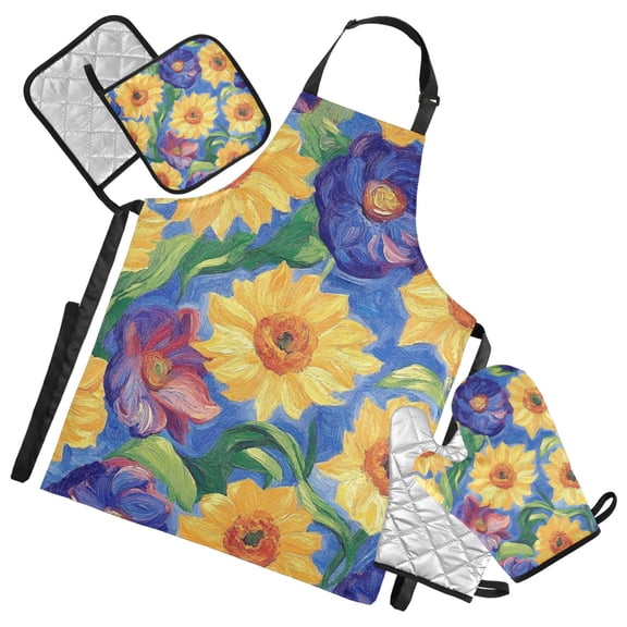 Yellow Purple Sunflower Oven Mitts and Pot Holders with Chef Apron Set 5 Pcs Kitchen Cooking Set