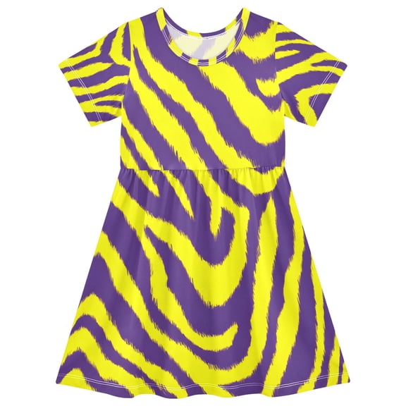 Yellow Purple Zebra Pattern Girls Short Sleeve Dress A Line Sun Protection Breathable Comfort Sundress 5-6T