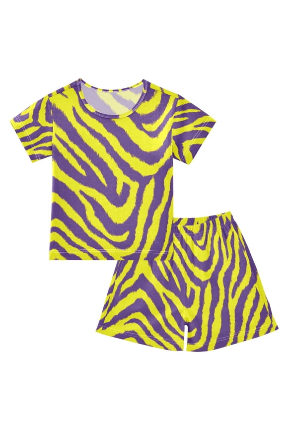 Yellow Purple Zebra Pattern Summer Pajama Set Soft Cotton Short Sleeve Sleepwear 2PCS Pajama Sets Breathable Lounge Set Size 5Y