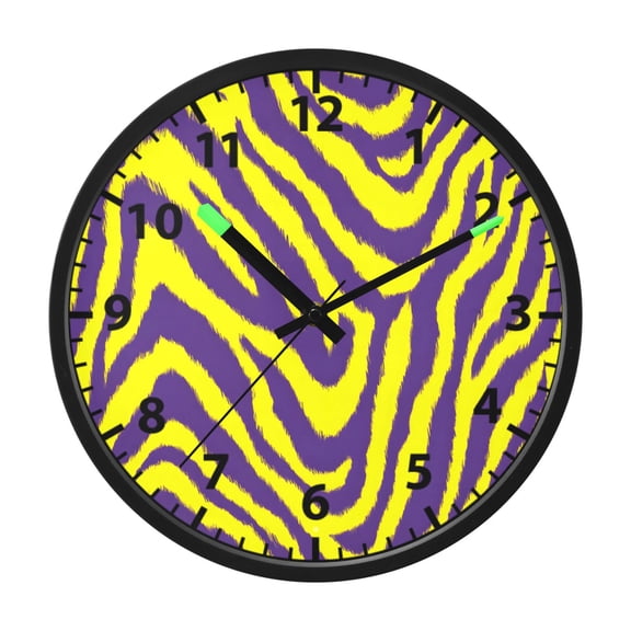 Yellow Purple Zebra Pattern Wall Clock 12 Inch Voice Activated Night Light Silent Non Ticking