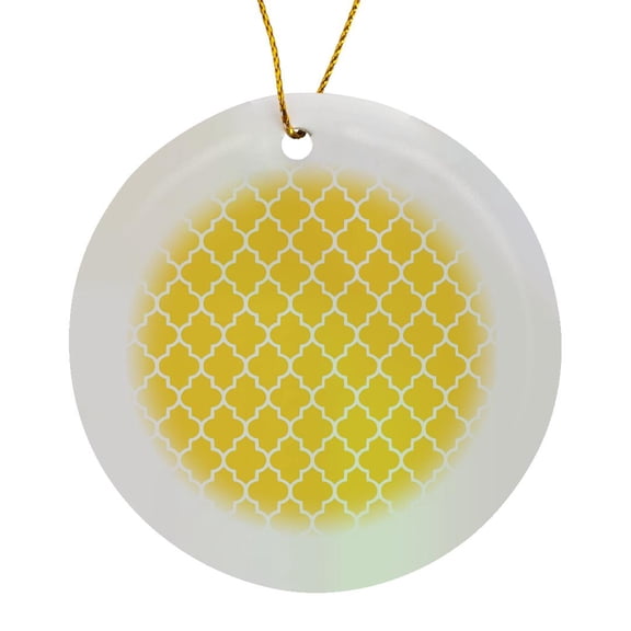 3drose, Yellow Quatrefoil Pattern - Contemporary Moroccan Tiles - Modern White Geometric Clover Lattice, Circle Porcelain Ornament