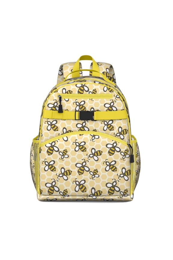 Yellow Queen Bee Students Backpack with Cute Bee Lovers Print, Honeycomb Pattern, and Bumble Bee Cartoon Design for Preschoolers