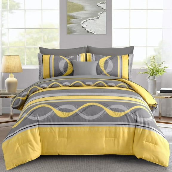 Yellow Queen Size 8-Piece Patchwork Striped Comforter Set with Microfiber Bedding