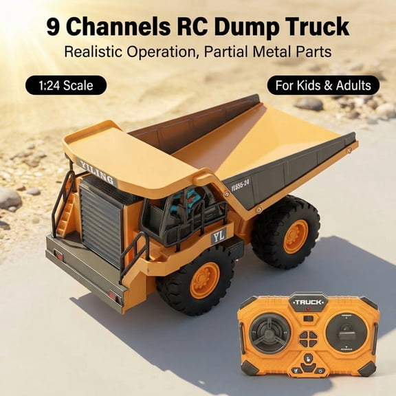 Yellow RC Dump Truck Toy, 1:24 Scale Alloy & Plastic Build, Rotatable Bed with LED Lights, Battery & Charger Included, Construction Vehicle Toy for Kids Ages 6+
