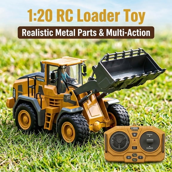 Yellow RC Wheel Loader Toy, 1:20 Scale Alloy & Plastic Parts, Rotatable Loading Bucket with LED Lights, Battery & Charger Included, Kids Construction Toy Ages 6+