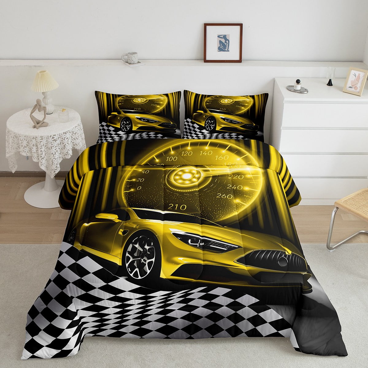 Yellow Race Car Comforter Set for Child Boys,Glitter Ombre Line Art