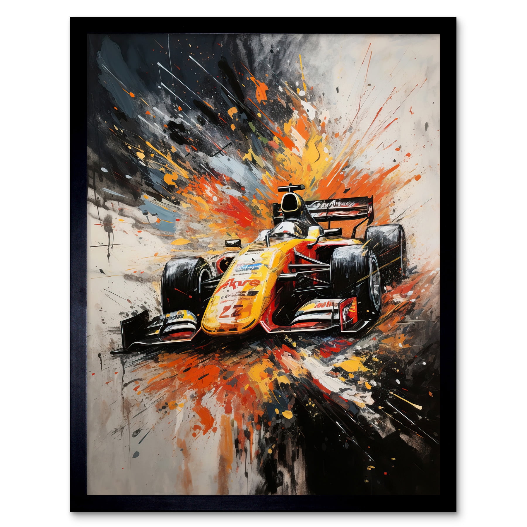 Yellow Race Car Racing Scene Modern Spatter Art Art Print Framed Poster ...