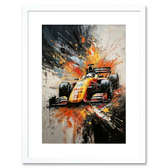 Yellow Race Car Racing Scene Modern Spatter Art Artwork Framed Wall Art Print 9X7 Inch