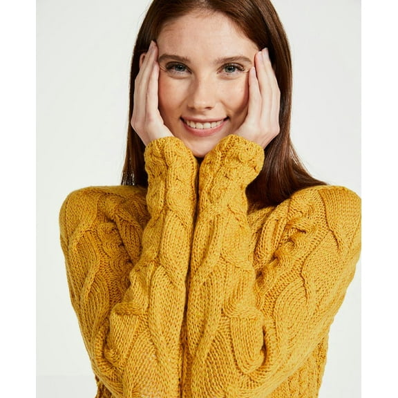 Aran Woollen Mills Women's Yellow Solid Print Crew Neck Long Sleeve Pullover Sweater, Size S