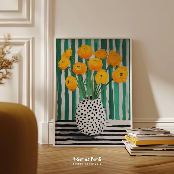 Yellow Ranunculus Polka Dot Floral Decor Wall Art