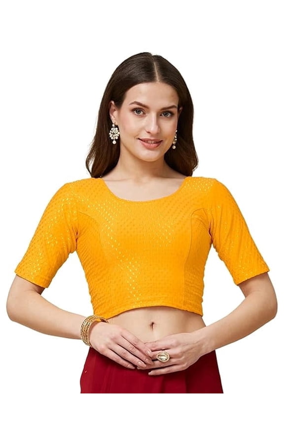 Yellow Readymade Saree Blouse with Short Sleeves, Stretchable Ethnic Blouse for Daily and Festive Wear