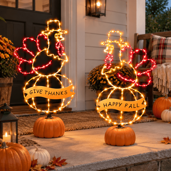 Yellow Red 17" 2-Pack LED Turkey Pumpkin Thanksgiving Fall Decor Lights with Timer and 8 Modes