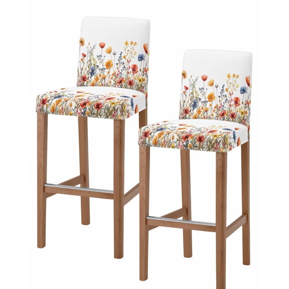 Yellow Red Blue Spring Floral Bar Stool Covers Set of 2, Summer Botanical Flowers Stretch Washable Bar Chair Covers with Backs, Removable Pub Counter Height Chair Cover for Kitchen Dining Room Cafe