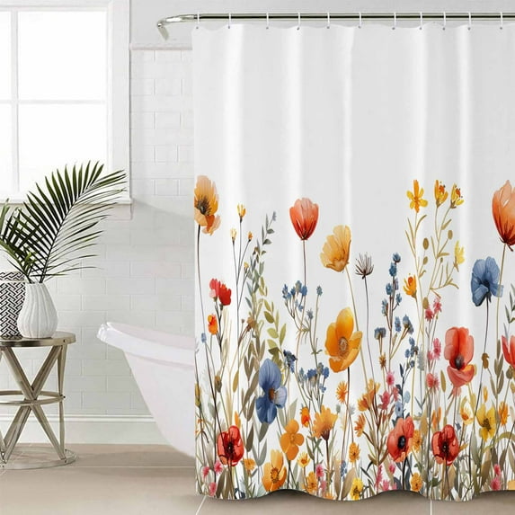Yellow Red Blue Spring Floral Bathroom Curtain 78 Inch Shower Curtain with Hooks, Summer Botanical Flowers Waterproof Polyester Bath Curtain Washable Bathtub Curtain 36''x 78''