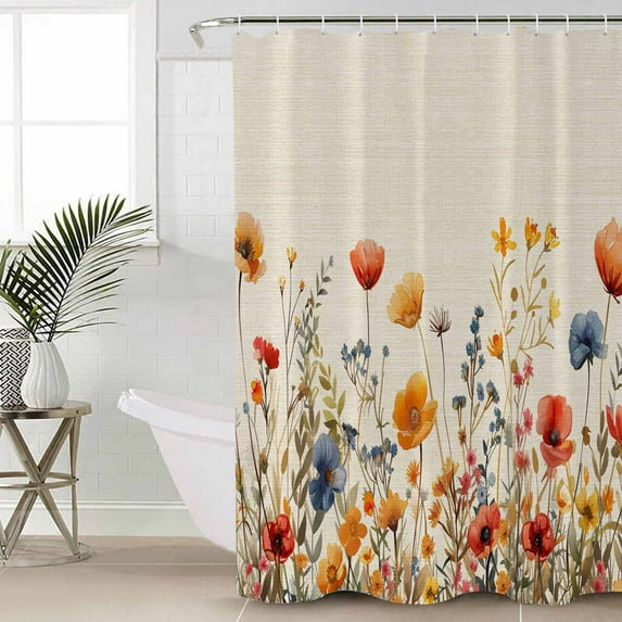 Yellow Red Blue Spring Floral Bathroom Curtain 78 Inch Shower Curtain with Hooks, Watercolor Botanical Summer Flowers Waterproof Polyester Bath Curtain Washable Bathtub Curtain 72''x 78''