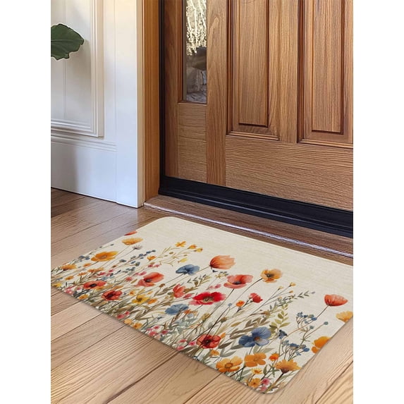 Yellow Red Blue Spring Floral Door Mat Indoor Outdoor Entrance,Non Slip Small Rug for Kitchen Bathroom Entryway Rug,Watercolor Botanical Summer Flowers Washable Doormat Floor Mat 18x30 Inch