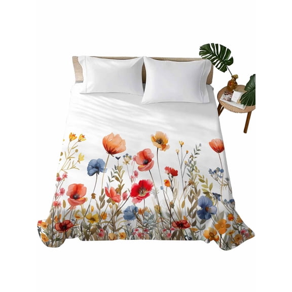 Yellow Red Blue Spring Floral Flat Sheets Only King Size, Soft Breathable Bed Top Sheets for Mattress, Summer Botanical Flowers Luxury Bedding Flat Sheets for Home Hotel Bedroom Bed Protection