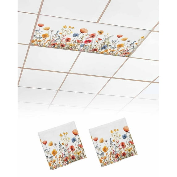 Yellow Red Blue Spring Floral Fluorescent Light Covers for Ceiling Lights 4x2 feet,2 Pack Magnetic Light Filters for Classroom,Summer Botanical Flowers Fluorescent Light Shade Panel for Office