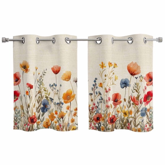 Yellow Red Blue Spring Floral Kitchen Curtains Small Short 39 Inch Length, Watercolor Botanical Summer Flowers Bedroom Living Room Curtains, Light Filtering Cafe Curtain Drapes 2 Panels Set 55''x39''