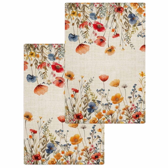Yellow Red Blue Spring Floral Kitchen Dish Towels for Drying Dishes Set of 2, Watercolor Botanical Summer Flowers Waffle Weave Microfiber Hand Tea Bathroom Towels Quick Dry Absorbent Towel 15.7x23.6