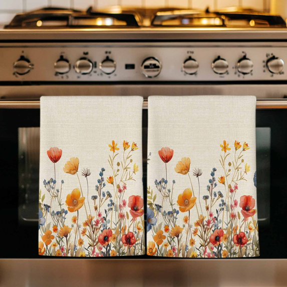 Yellow Red Blue Spring Floral Kitchen Towels Set of 2, Watercolor Botanical Summer Flowers Absorbent Dish Towels for Kitchen, Microfiber Hand Towel, Quick Drying Tea Towel for Cleaning Dishcloths