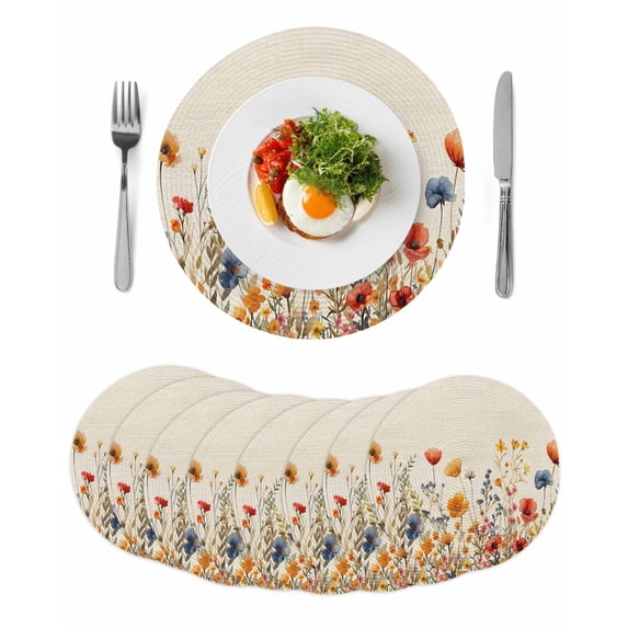 Yellow Red Blue Spring Floral Round 13 Inch Placemats Set of 8, Watercolor Botanical Summer Flowers HeatResistant Non Slip Place Mats for Dining Table, Wipeable Kitchen Table Mats for Housewarming