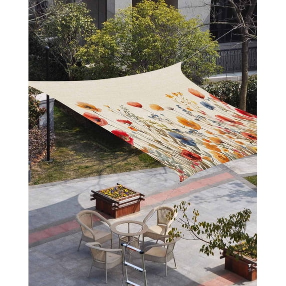 Yellow Red Blue Spring Floral Sun Shade Sail 6.5'x10' Rectangle Outdoor Shade Canopy, Watercolor Botanical Summer Flowers Porch Shades Outdoor Sun Blocking Screen, Sunshade Cloth Covers for Patio