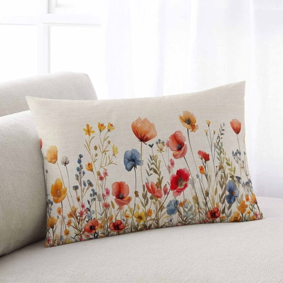 Yellow Red Blue Spring Floral Throw Pillow Covers, Watercolor Botanical Summer Flowers Soft Breathable Pillow Cases with Zipper, Standard Pillowcases for Couch Bed Sofa Chair 20x26 Inches