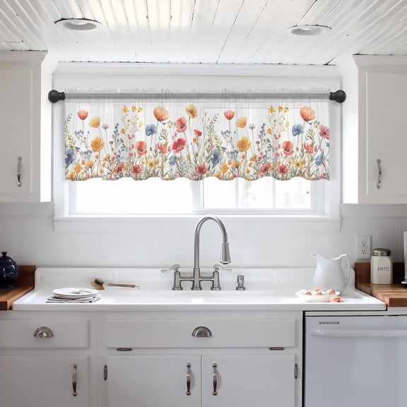 Yellow Red Blue Spring Floral Valance Curtains for Kitchen/Living Room/Bathroom/Bedroom Window, Summer Botanical Flowers Rod Pocket Small Topper Half Short Window Curtains Voile Sheer Scarf 54"x18"